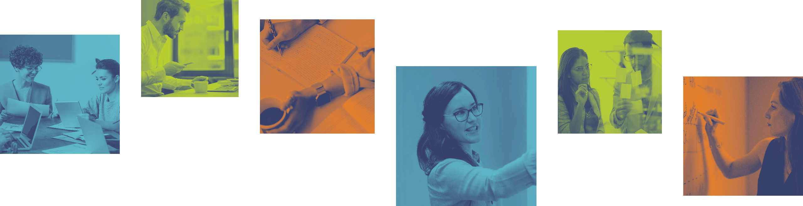 Collage with six photos of people working and collaborating in various settings, each image tinted in "A New Way" brand colors: blue, yellow, and orange.